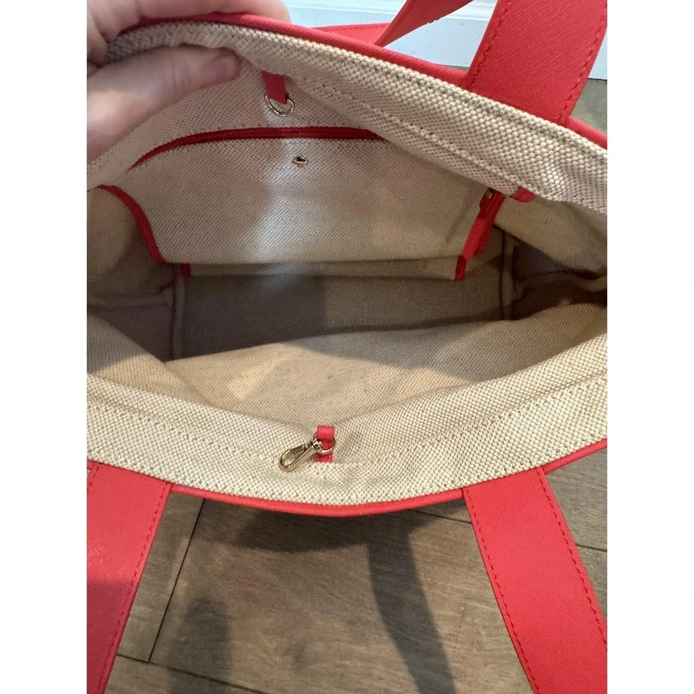 Kate Spade Tote Bag Womens Medium Pink Canvas Leather Bow Print Shoulder Purse‎